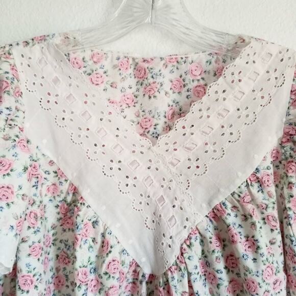 Vintage Prairie Nightie Pink Roses Adult M / L Cottage Core Cotton White Eyelet - Picture 4 of 8
